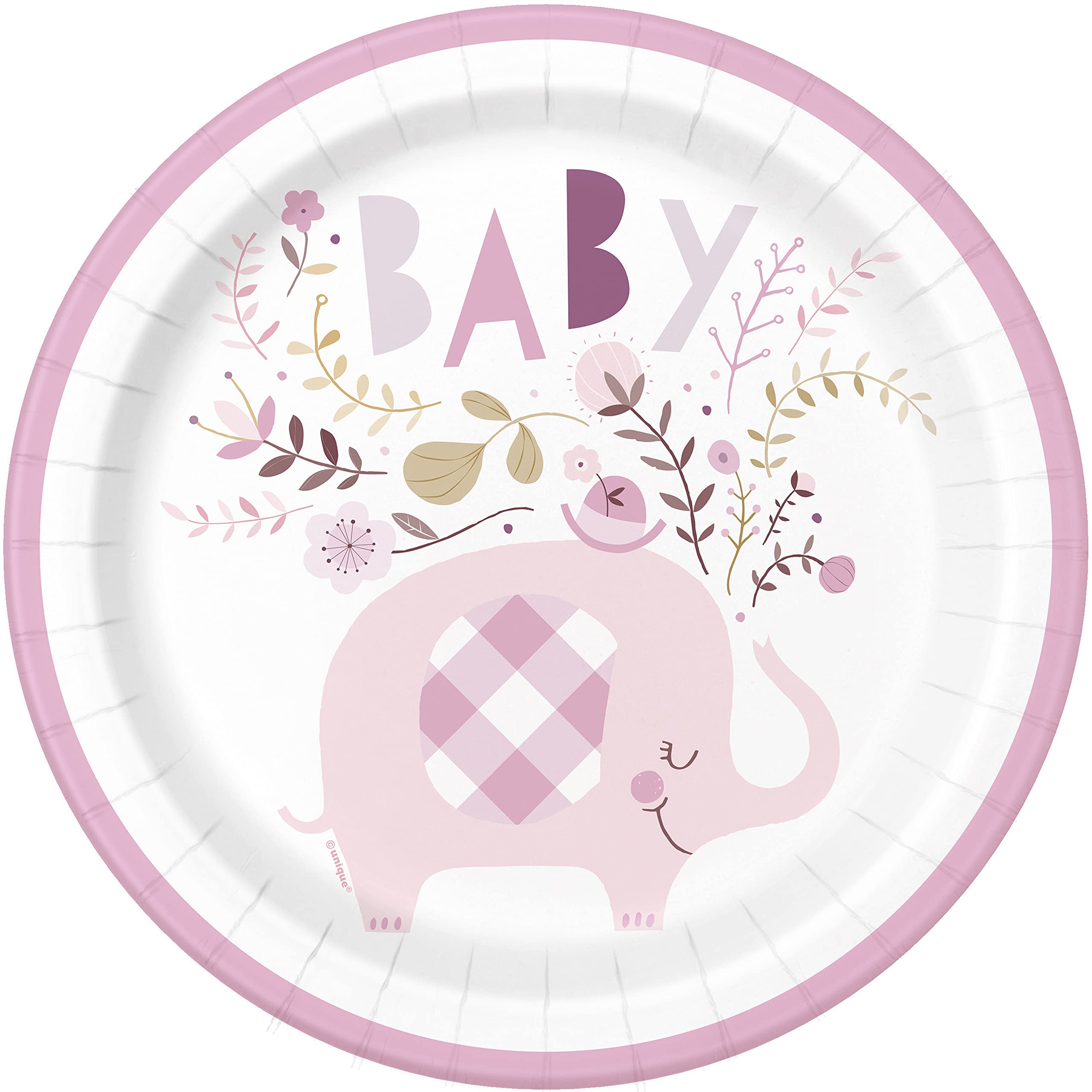 Unique 78375EU - Eco-Friendly Paper Plates - 23 cm - Pink Floral Elephant Baby Shower - 8 Count (Pack of 1)