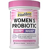 Vitalibre Probiotics for Women 30 Strains, 100 Billion CFU Vaginal Probiotics with Digestive Enzymes, Prebiotics & Cranberry for Urinary Tract Health, pH Balance, 30 Veggie Capsules
