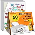 60 PCS Sticker Paper for Inkjet Printer，Printable Vinyl Sticker Paper Dries Quickly Vivid Colors，8.5"x11" Tear Resistant Printable Vinyl，Glossy White,Inkjet & Laser Printer