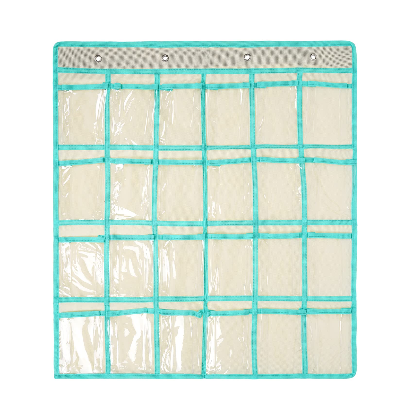 SAVORLIVING 24 Clear Pockets Classroom Pocket Chart Organizer, Cell Phones Calculator Holder with Hooks, Hanging Wall Door Calculators Phone Caddy (Beige)