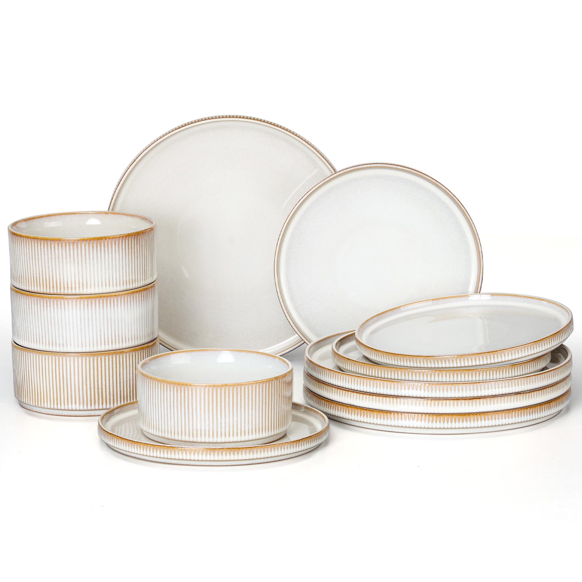 Photo 1 of E-far 12-Piece Plates and Bowls Sets, Stoneware Dinnerware Dishes Sets for 4, Kitchen Modern Dining Dishware, Chip & Scratch Resistant, Microwave & Dishwasher Safe, Creamy Beige