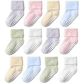 hoomore Toddler Socks with Grips 12 Pairs,Baby Non Slip Socks Turn Cuff Thick Warm Winter Crew for Boys Girls 1-6 Years