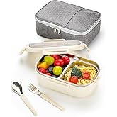 Lille Home 28oz Stainless Steel Leakproof 2-Compartment Bento Lunch Box | Portion Control Metal Lunch Box Food Container with Lunch Bag and Cutlery Set, BPA Free (Beige)