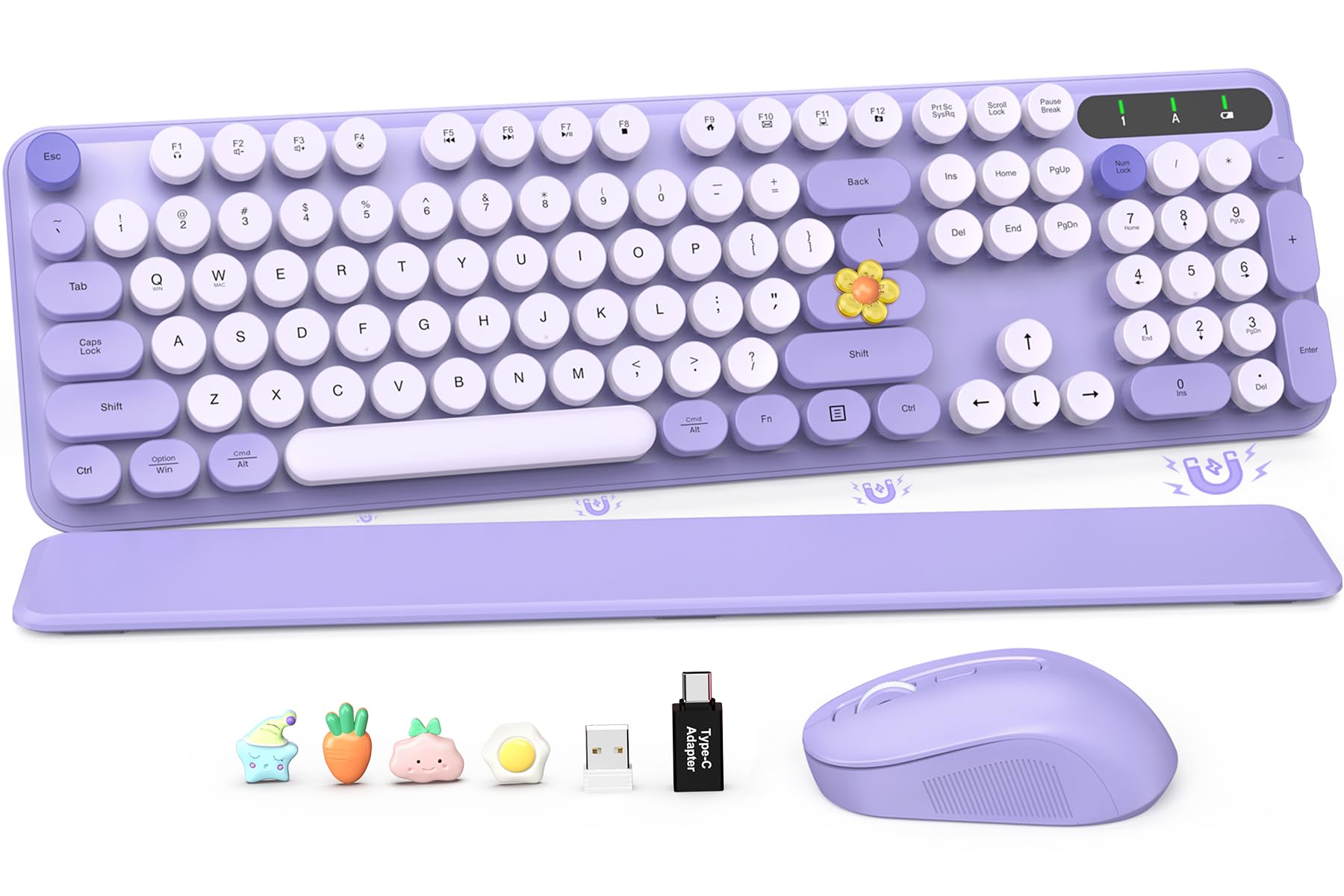 Photo 1 of Wireless Keyboard and Mouse Combo, Cute Round Keycaps, Full-Size Retro Typewriter Keyboard with Detachable Wrist Rest, 2.4GHz Cordless Connection for Mac/Windows/PC/Laptop (Purple-Colorful)