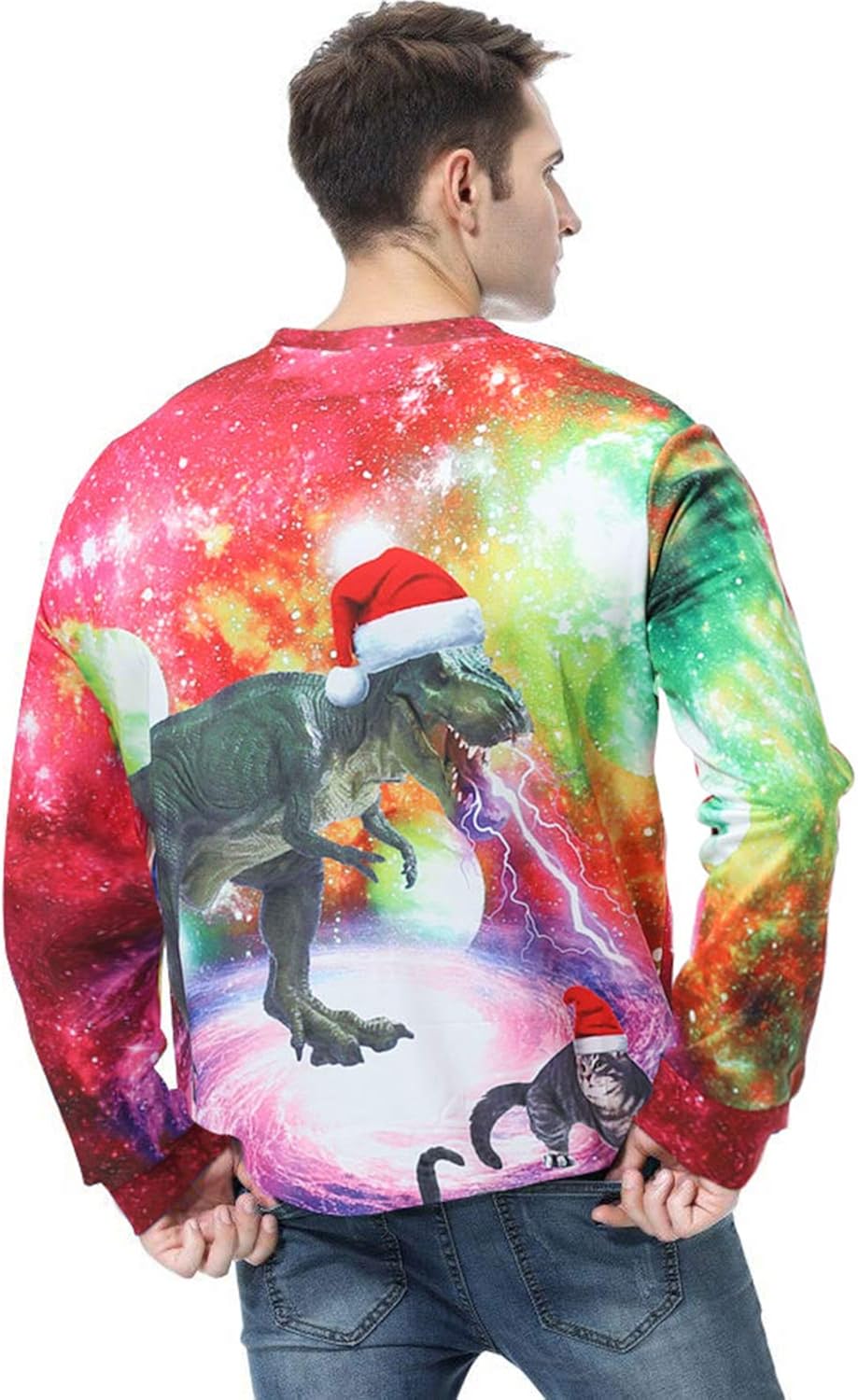 Unisex Christmas Holiday Sweater Sweatshirt Funny 3D Dinosaur Cat Santa Hat Women Men Ugly Xmas Pullover Party Sweater