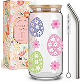 Niyorayna Easter Baskets Stuffers for Kids - Easter Glasses Drinking Gifts for Her,Friends,Glass Cups with Lids and Straws,Cute Egg Holiday Glass Tumbler -155