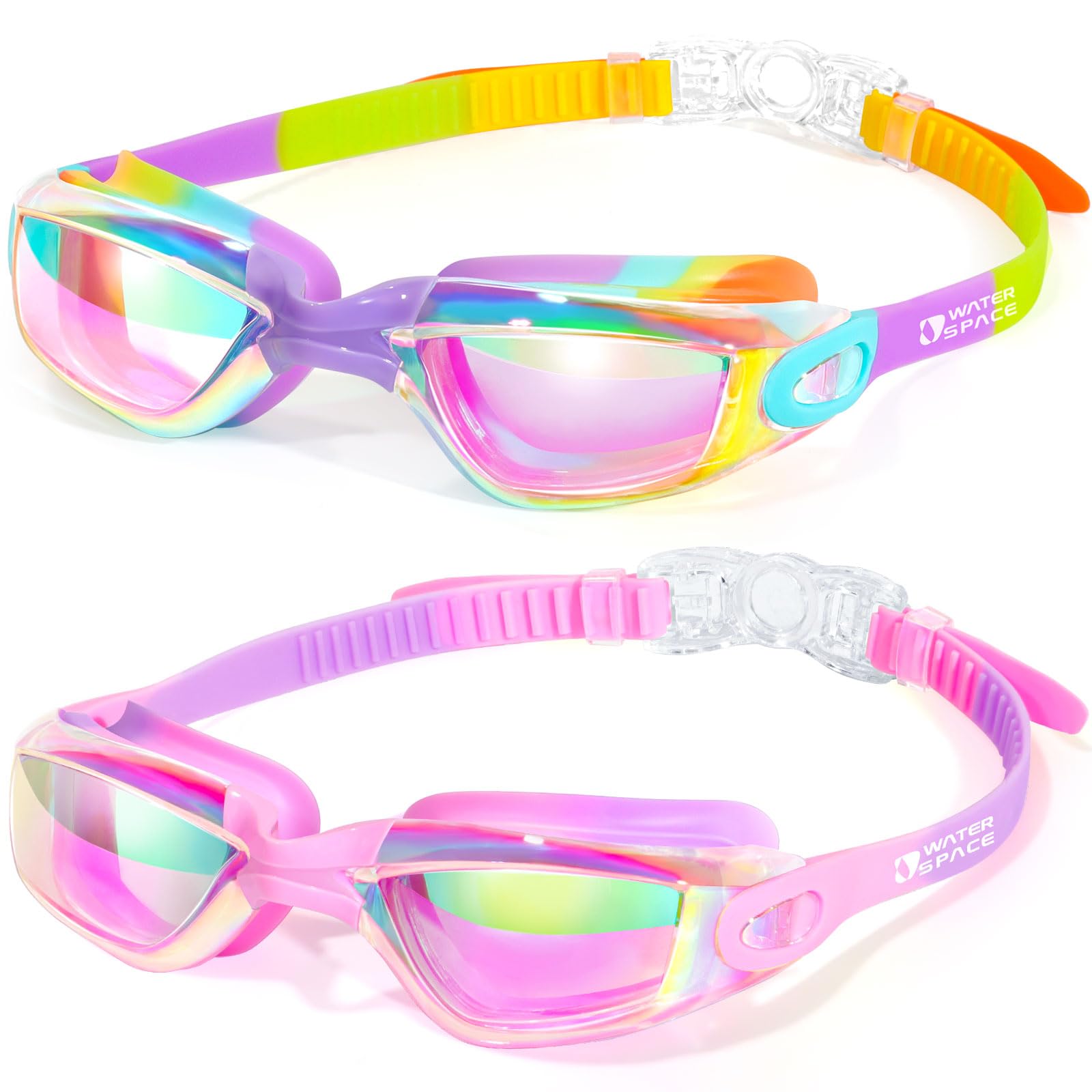 Water Space Kids Swimming Goggles, 2 Packs Swimming Goggles for Kids 3-14, Boys Girls Children Colored Swim Goggles Anti Fog,UV Protection,No Leaking