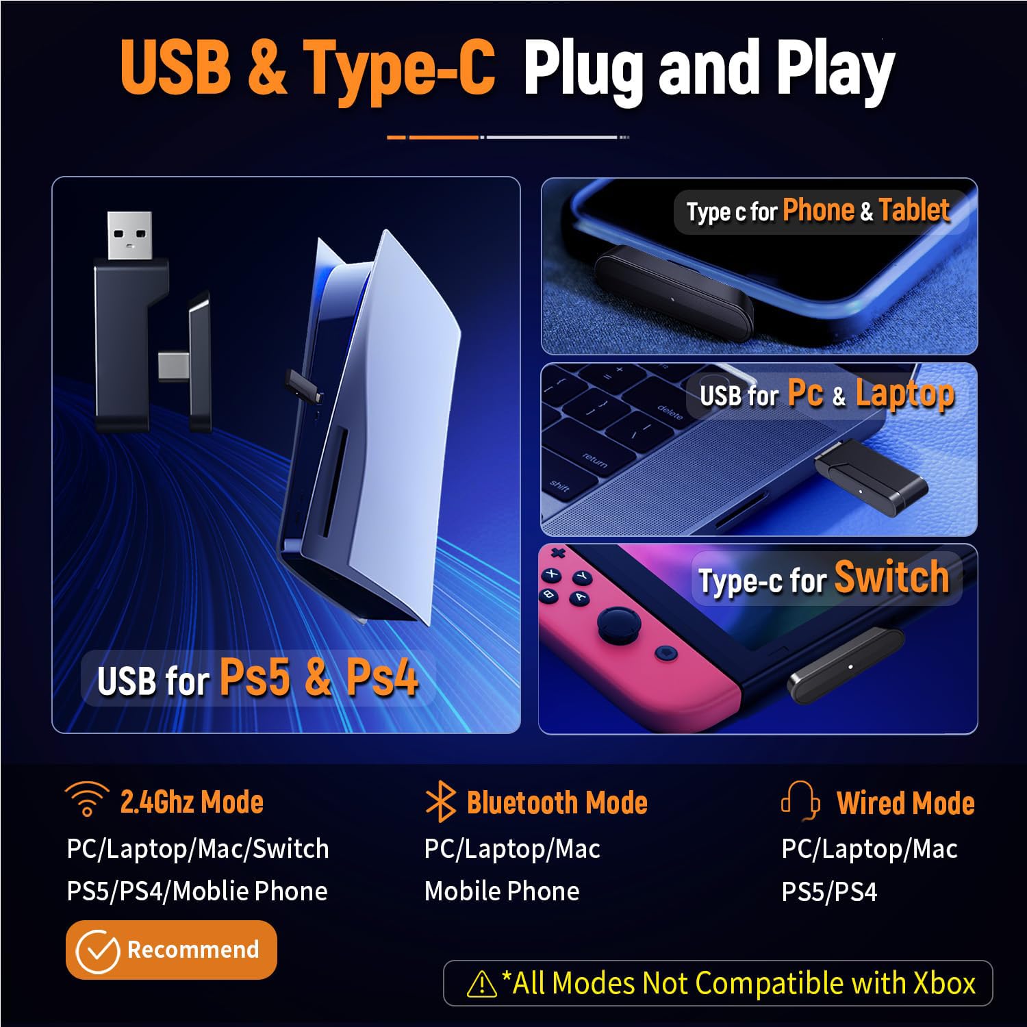 Ozeino Wireless Gaming Headset For Pc, Ps5, Ps4-2.4Ghz Lossless Audio Usb &Amp; Type-C Ultra Stable Gaming Headphones With 40Hr Battery Gamer Headset, Flip Microphone For Switch, Laptop, Mobile, Mac - View 6