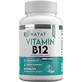 HAYAT Vitamins Vegan Natural Vitamin B12 1000 MCG, Dietary Supplement for Energy Metabolism Support, 2 Month Supply, All Natural, Certified Halal, 60 Tablets, Made in The USA