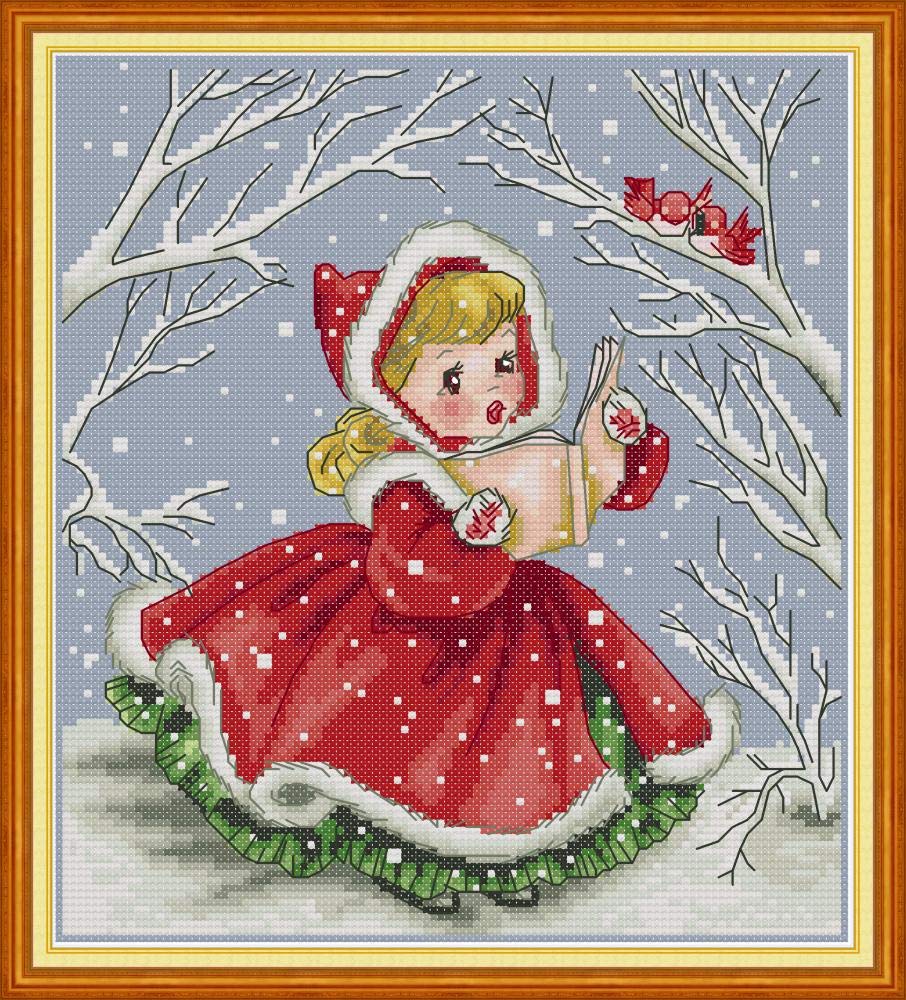 Awesocrafts Cross Stitch Kits, Read Aloud to The Birds Girl Christmas Easy Patterns Cross Stitching Embroidery Kit Supplies, Stamped Options for Adults Beginners Kids (Read Girl, Stamped)