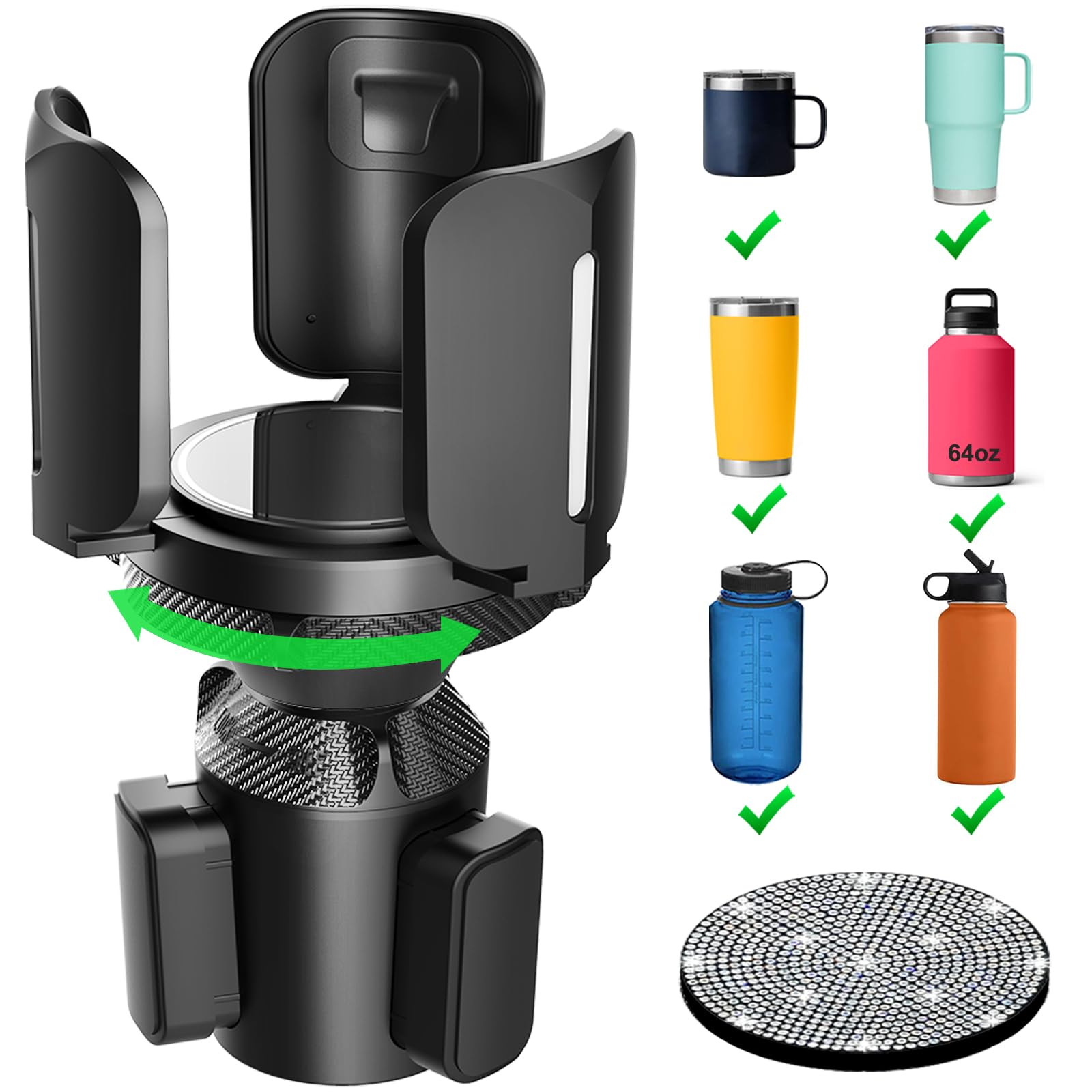 Photo 1 of Upgraded 64oz Large Cup Holder Expander with Coaster for Car, Expandable Cup Holder Adapter with Adjustable Base, Universal Compatible with Yeti, Hydro Flasks, Owala, Other Big Bottles Mugs Drinks
