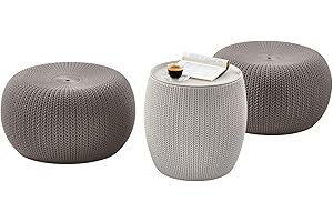 KETER Urban Knit Pouf Ottoman Set of 2 with Storage Table for Patio and Room Décor-Perfect for Balcony, Deck, and Outdoor Seating, Cream & Taupe