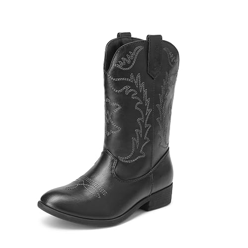 DREAM PAIRS Kids Cowgirl Cowboy Western Boots Girls Mid Calf Riding Shoes Little Kid/Big Kid,Size 12 Little Kid,Black,SDBO214K