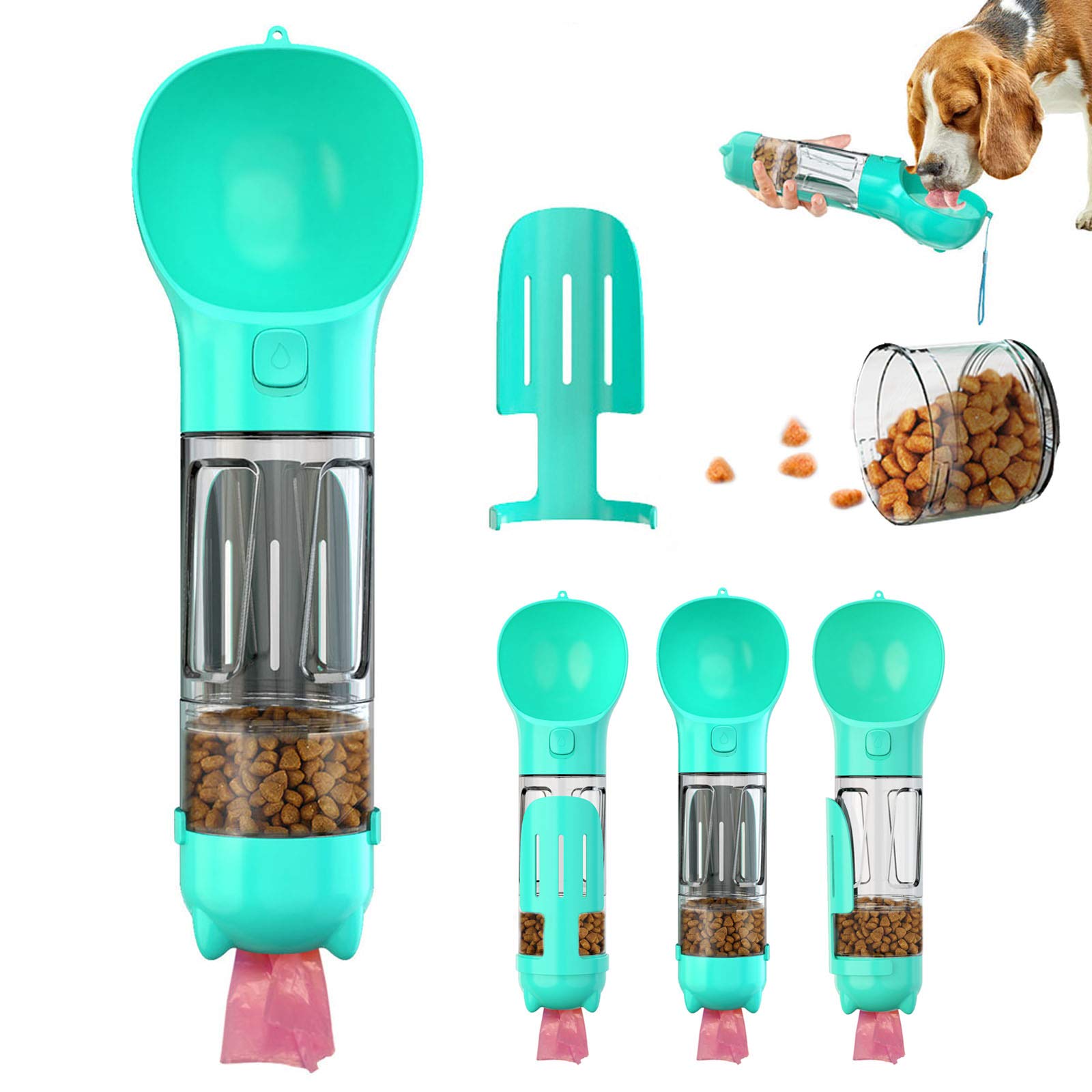 WR WPAIER Dog Water Bottle Walking, 4 in 1 Dogs Travel Water Bottle Dispenser with Food Container, Garbage and Shovel for Dog Cat Pet Outdoor Walking Travelling Drinking (Blue)