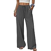 Sampeel Women's Linen Summer Palazzo Pants Flowy Wide Leg Beach Trousers with Pockets Dark Grey
