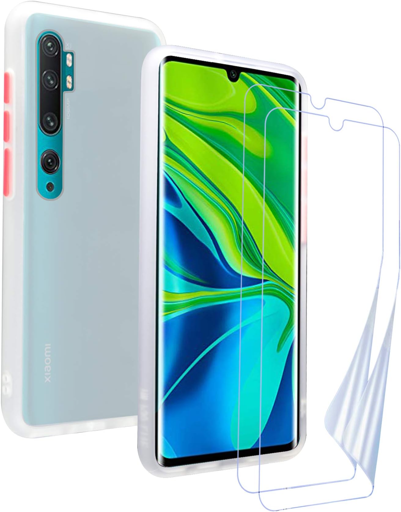 KANSI Case for Xiaomi Mi Note 10/Mi Note 10 Pro + Screen Protector,Soft Silicone TPU + Matt White PC Shockproof Independent Color Button Cover - White