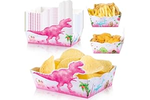 WERNNSAI 24 PCS Dinosaur Snack Trays - Pink Dinosaur Birthday Decorations Pink Paper Food Trays Dino Popcorn Nachos Food Boats for Kids Girls Dinosaur Party Supplies