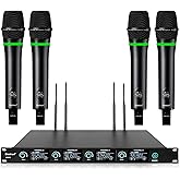 Bietrun 4-Channel Wireless Microphones System with 4 Rechargeable Handheld Mics, UHF Metal Dynamic Cordless Mics for Karaoke, Singing, Church, Family Theater(Auto Connect/295FT Range/Fixed Frequency)