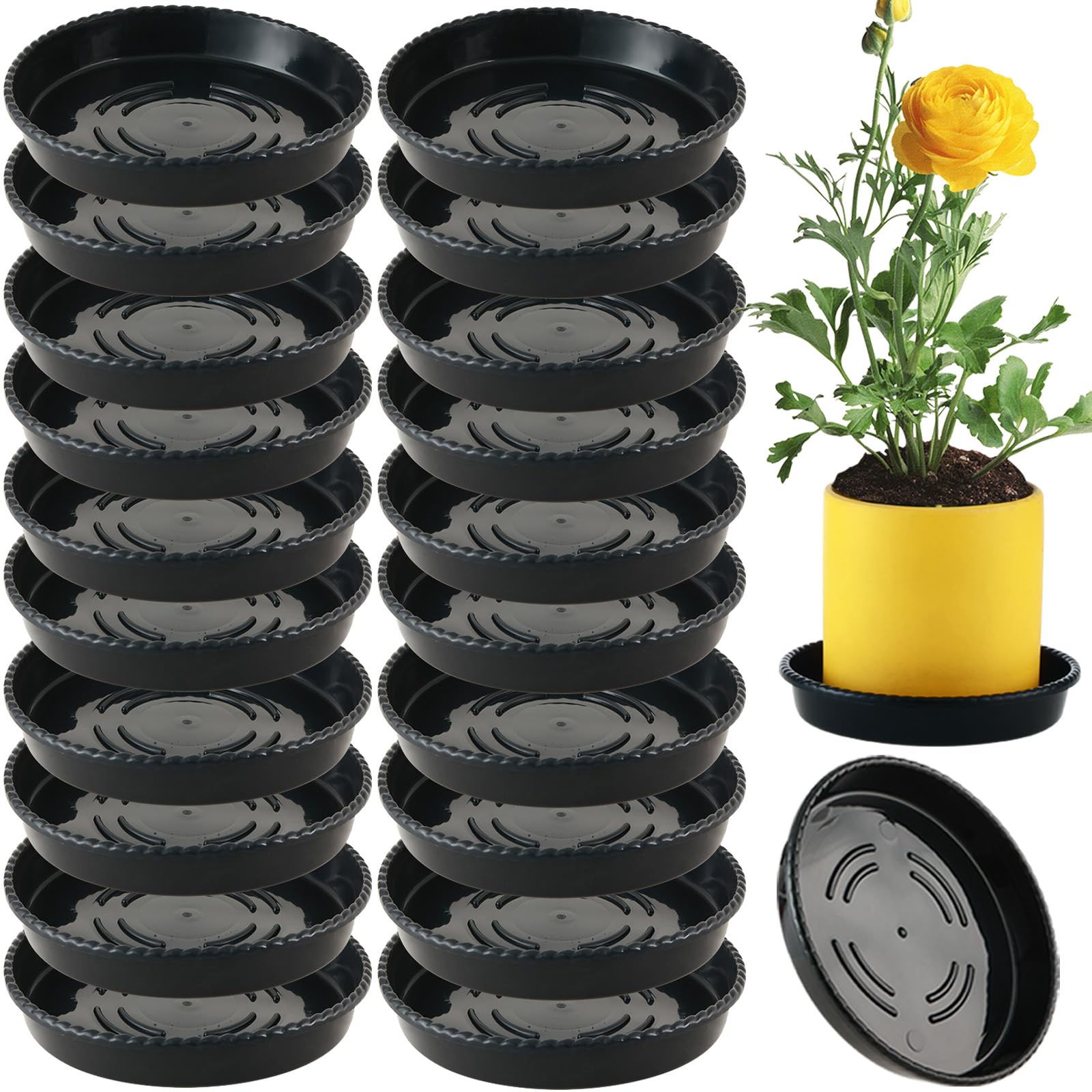 Photo 1 of KvyusFlourish 20 Pack 10 Inch Plant Saucers Plastic Drip Tray for Plant Pots Plant Trays for Pots Flower Pot Saucers for Indoors Outdoors with Glove,Black