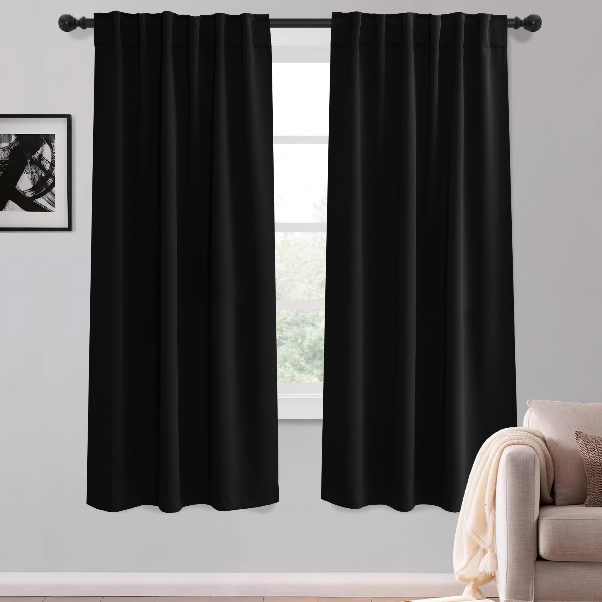 Photo 1 of KGORGE Black Blackout Curtains 63 inch Length, Room Darkening Thermal Insulated Noise-Reducing Black Out Curtains for Bedroom Living Room Windows, Back Tab Rod Pocket, W52 x L63 inches, 2 Panels