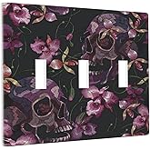 Embroidery Skull Floral 3 Gang Triple Toggle Light Switch WallPlate Cover Decor Funny Skull Halloween Wildflower Electrical Faceplate Gothic Skeleton Floral Rustic Leaves Room Decorate Spooky Cool Art