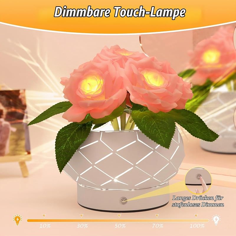 Rose Blume Lampe, Geburtstagsgeschenke für Frauen, Touch-Tischlampe, wiederaufladbar 3 Farben unendlich dimmbar Dekor kleine Lampe, Geschenke für Mama, Valentinstag, Muttertag, Weihnachtsgeschenke
