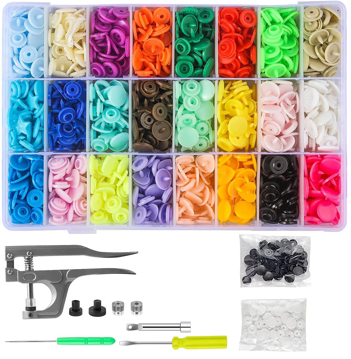 460 Sets Snap Fasteners Kit, MSDADA 24 Colors Poppers Fasteners, 4 Shapes Plastic Snap Buttons, T5 Press Studs Snap Fasteners No Sewing with Kam Snap Pliers for Clothing, Bibs, Diapers, DIY Crafts