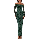 PRETTYGARDEN Womens Off The Shoulder Floral Maxi Bodycon Dress Fall Long Sleeve Mesh Fitted Long Formal Wedding Guest Dresses