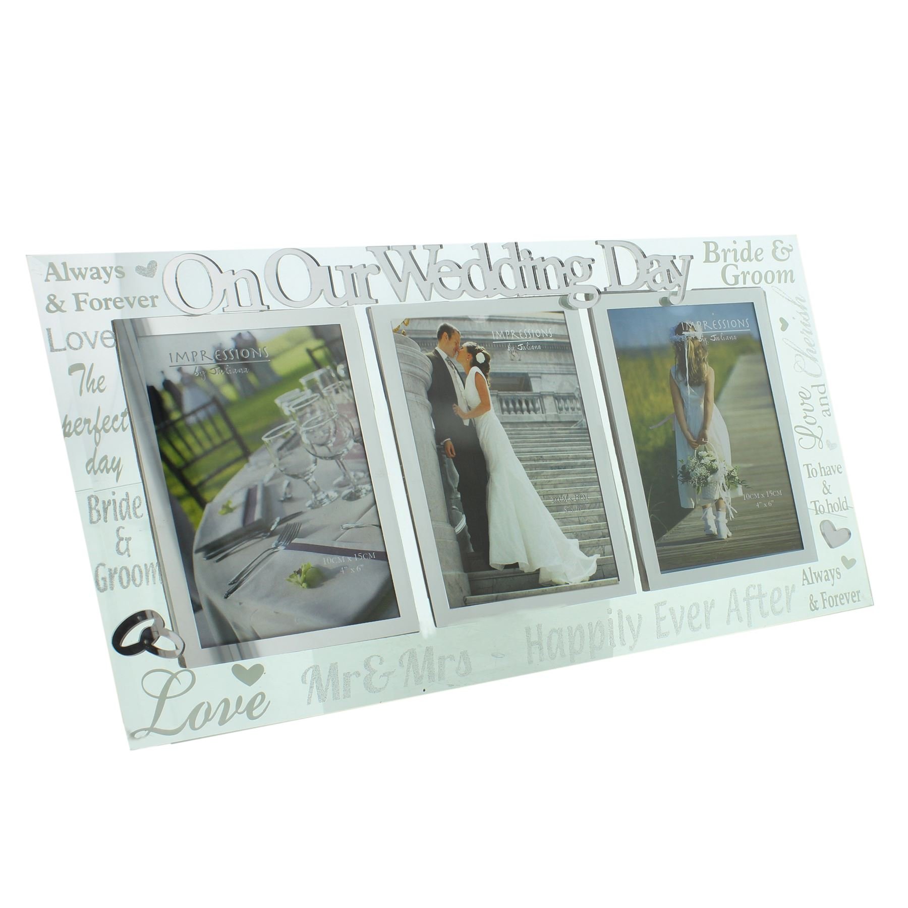 Juliana 3D words 'On Our Wedding Day' Triple Glass 4" x 6" Wedding Day Photo Frame - happily ever after, bride & groom, love ...