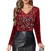 DRESSTELLS Womens Sequin Velvet Holiday Tops Glitter Sparkly Party Blouse Long Sleeve Christmas V-Neck Winter Shirts