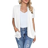 HIYIYEZI Open Front Cardigan Sweaters for Women with Pockets Lightweight Short Sleeve Ruffle Front Kimono Cardigan Duster