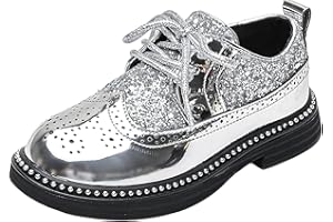 rismart Shiny Sequin Lace-up Oxfords for Boys & Girls Wingtip Brogue Dress Shoes for School Wedding Birthday Party