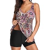 Yonique Women 2 Piece Flowy Tankini Swimsuits with Boyshorts V Neck Swim Tank Tops Bathing Suits Modest Swimwear