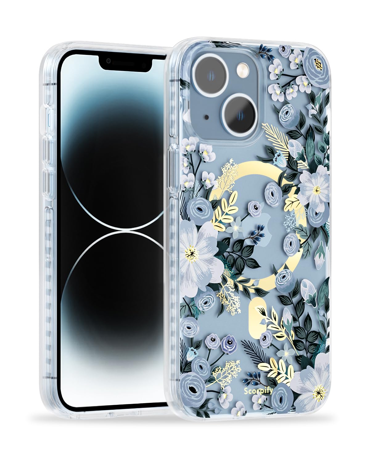 SCORPIFY for iPhone 14 Plus Case [Compatible with MagSafe] with Blue Nemophila Floral Design, Cute Clear Flower Magnetic Phone Cover for Women Girls, [Non Yellowing] Slim Bumper with Gold Accents — image 1