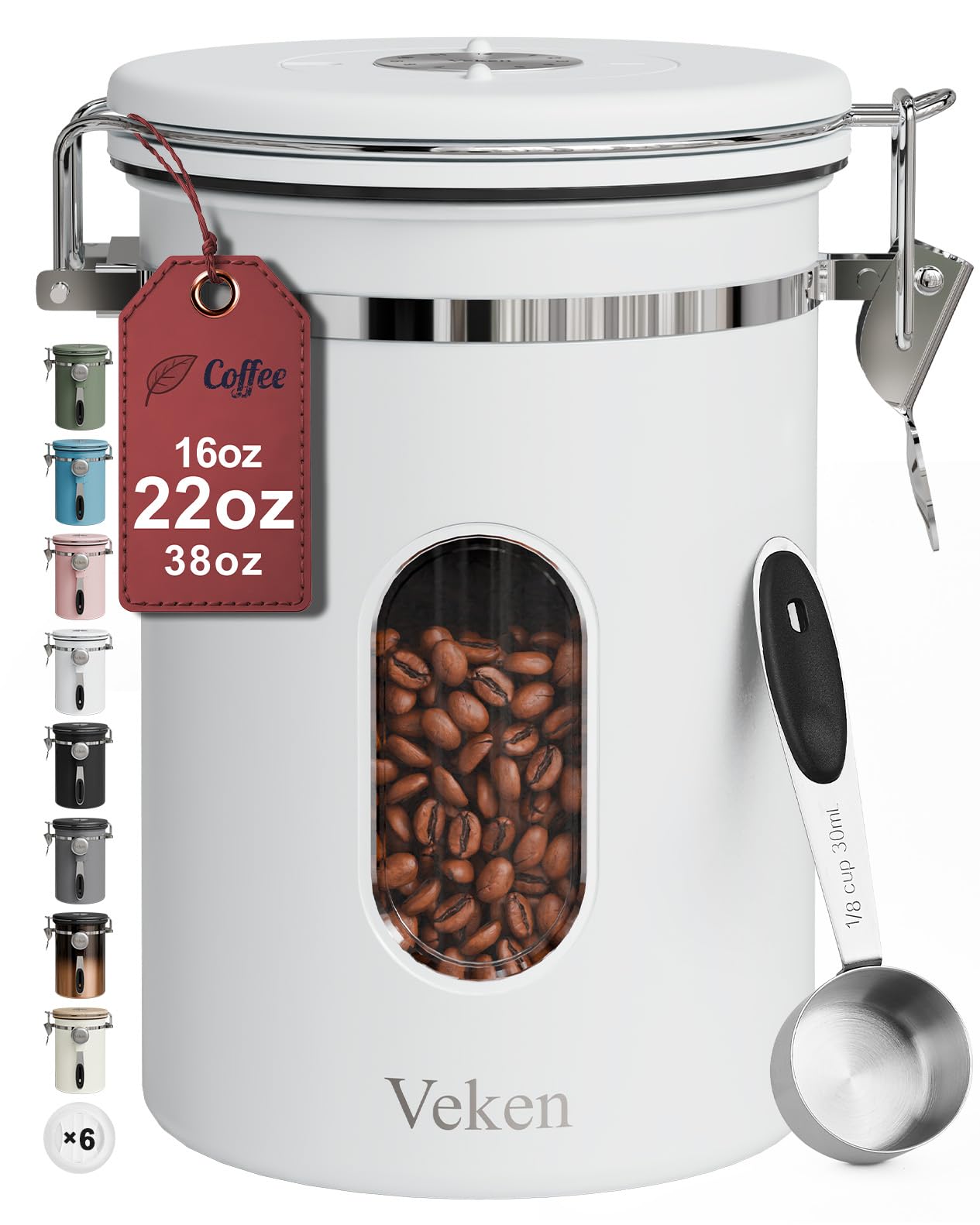 Veken Coffee Canister with Window, Airtight Stainless Steel Kitchen Food Storage Container with Lids, Date Tracker and Scoop for Grounds Coffee, Beans, Tea, Flour, Cereal, Sugar Jars, 22OZ, White Image