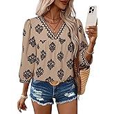 SHEWIN Women's Casual V Neck Floral Print Chiffon Blouses 3/4 Sleeve Boho Summer Tops Shirts