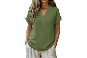 Womens Cotton Linen Tops Summer V Neck Loose Fit Half Sleeve Lightweight Shirt Casual Fashion Beach Vacation Clothes