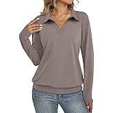 TICTICMISS Womens Polo Shirts Long Sleeve Banded Bottom Tops Business Casual Tops Collared V Neck Blouses
