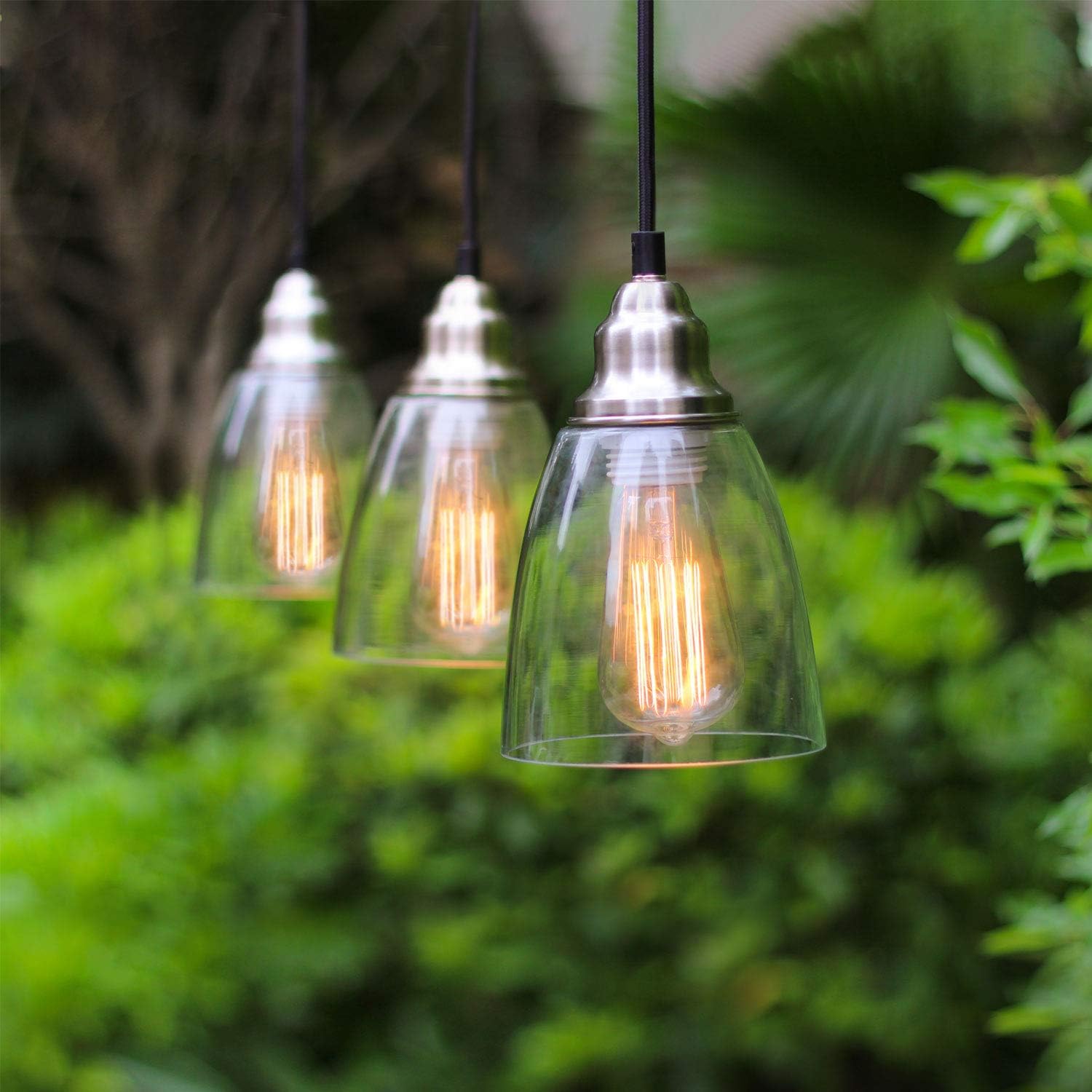 Industrial Mini Pendant Lighting, Clear Glass Shade Hanging Light Fixture, Brushed Nickel, Adjustable Vintage Edison Farmhouse Lamp for Kitchen Island, Restaurants, Hotels and Shops, 3-Pack - - 