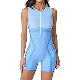 ATTRACO Women's Boyleg One Piece Swimsuit Polka Dot Athletic Bathing Suit Zip Swimwear Color Block