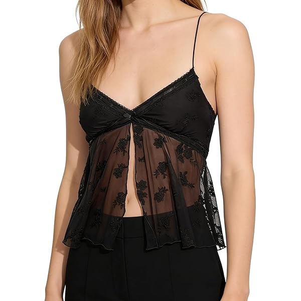 Women Split Front Lace Cami Tops Mesh Floral Print Spaghetti Strap
