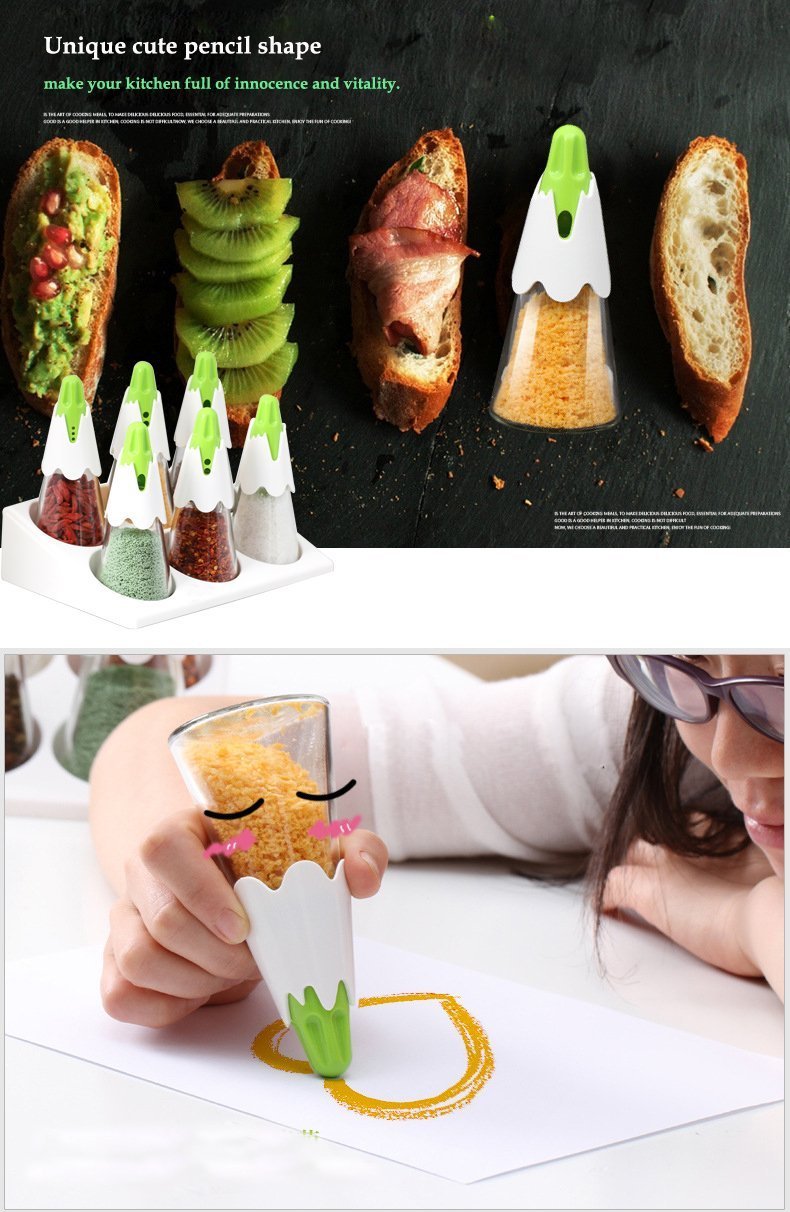 HILLPOW Spice Jars Storage Rack Seasonings Set 6 Glass Cute Pencil Shape Salt and Pepper Shakers for Kitchen Storage