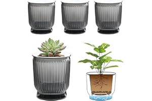 T4U 4 Inch Self Watering Plant Pot, 4 Pack Self Watering Pots, Small Self Watering Planter with Reservoir for Indoor Plants, African Violets (4 Pack 4" Pots, Translucent Gray)
