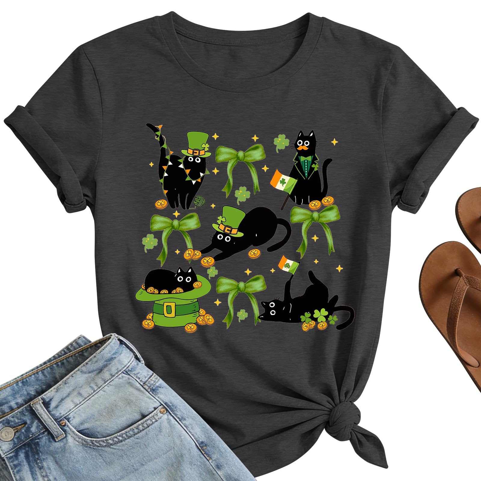 St Patricks Shirt Women – Cats Lucky Shamrock Shirts Funny St Paddys Day Green Holiday Tops