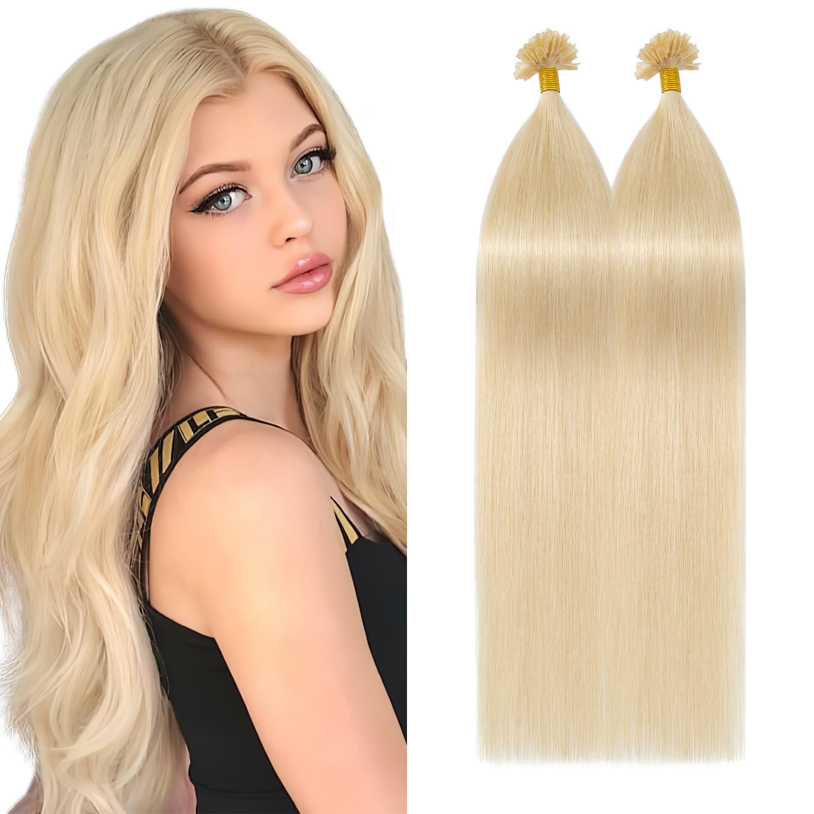 Silk-co U Tip Pre Bonded Hair Extensions Strands Keratin Nail Tip Straight Human Hair Extensions U tip Real Remy Hair 100 Strands Keratin Nail Til 18"-100g #613 Bleach Blonde