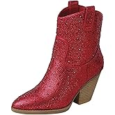 Forever Women's Rhinestone Block Heel Ankle Boots River-01 Red 9