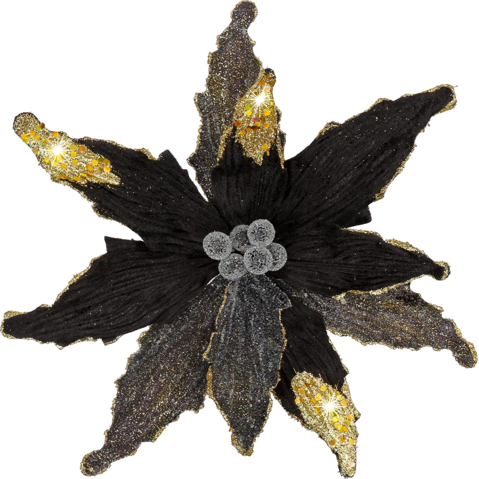 Briful 4 PCS 12" Glitter Poinsettia Black Artificial Flowers Stem for Christmas Tree Decorations Fake Poinsettia Flowers Large Artificial Christmas Flowers Arrangements for Xmas Decorations