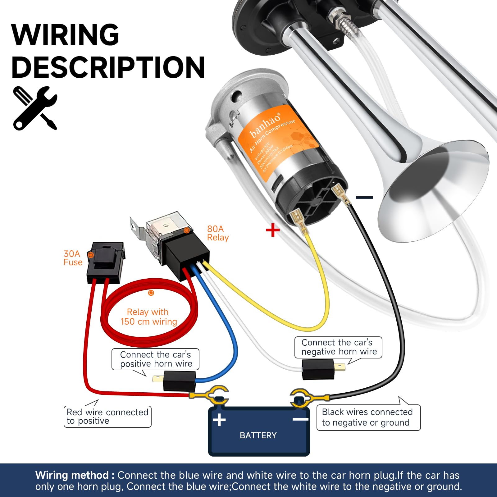 150DB Air Train Horn kit for Car, Banhao Super Loud Twin Tone Chrome Plated Zinc Dual Trumpet with Compressor for Any 12V Trucks Lorrys Trains Vans Boats (Chrome)