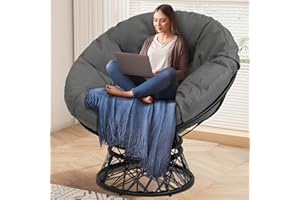 KROFEM Oversized 360 Swivel Rattan Papasan Circle Chair, Living Room Chair, Wicker Saucer Ideal for Patio, Bedroom, Black Frame with Dark Grey Cushion