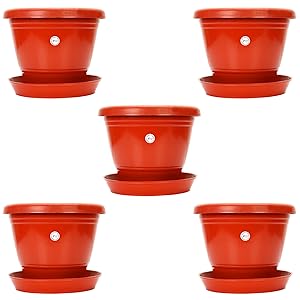 Kraft Seeds 8-inch Garden Balcony Flowering Planter with Bottom Plate/Tray (Red/Terracotta, Pack of 5)